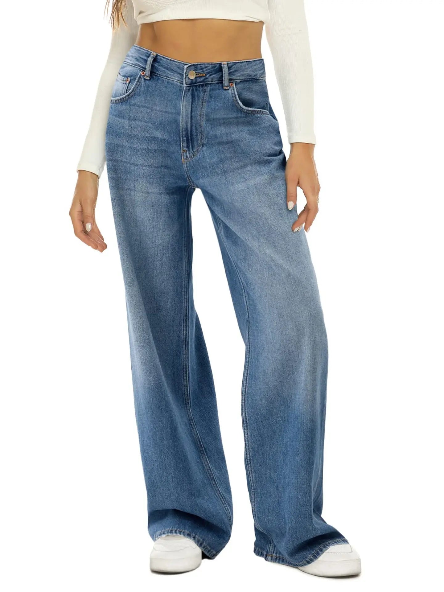 Loose Fit Wide Leg Denim Jeans - Casual Women's Pants