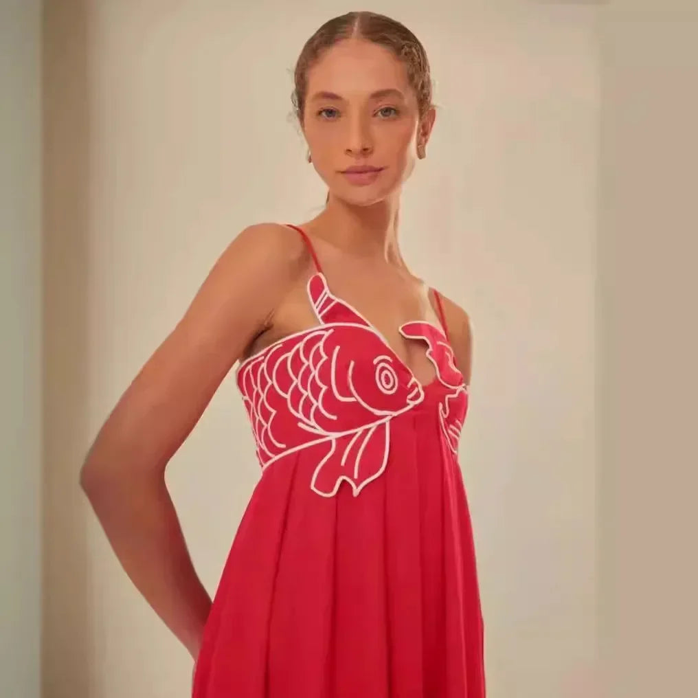 Fish Embroidered Red Summer Slip Dress