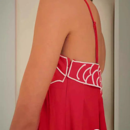 Fish Embroidered Red Summer Slip Dress