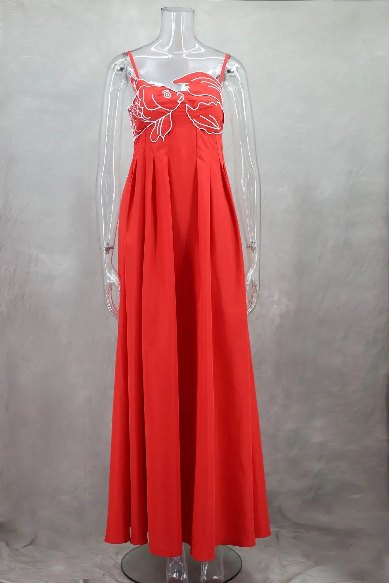 Fish Embroidered Red Summer Slip Dress