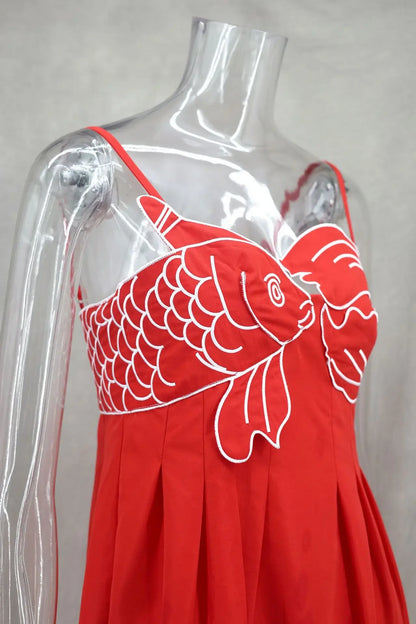 Fish Embroidered Red Summer Slip Dress