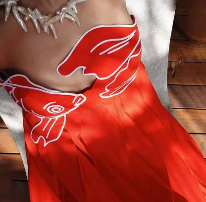 Fish Embroidered Red Summer Slip Dress